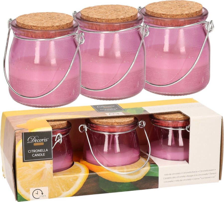 Decoris Set van 12x stuks anti muggen Citronella kaars in paars glazen potje Geurkaarsen citrus geur Anti-muggen kaarsen