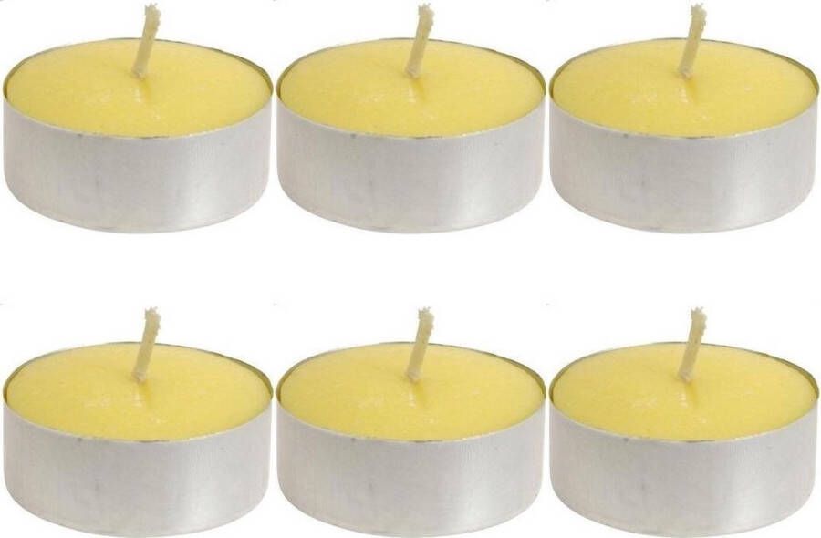 Decoris Set van 18x stuks gele Citronella waxinelichtjes theelichtjes maxi Geurkaarsen citrus geur Anti-muggen citronella kaarsen