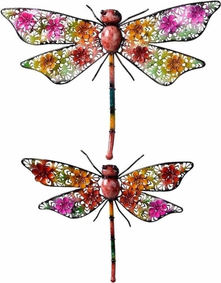Decoris Set van 2 grote metalen libelles gekleurd 29 x 47 cm 27 x 33 cm tuin decoratie Tuindecoratie libelles Dierenbeelden hangdecoraties