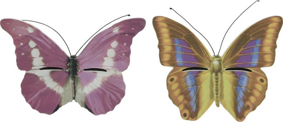 Decoris Set van 2x stuks bruin geel en roze vlinderhuizen 20 cm Tuindecoratie Diervriendelijk Hotel huisje voor vlinders