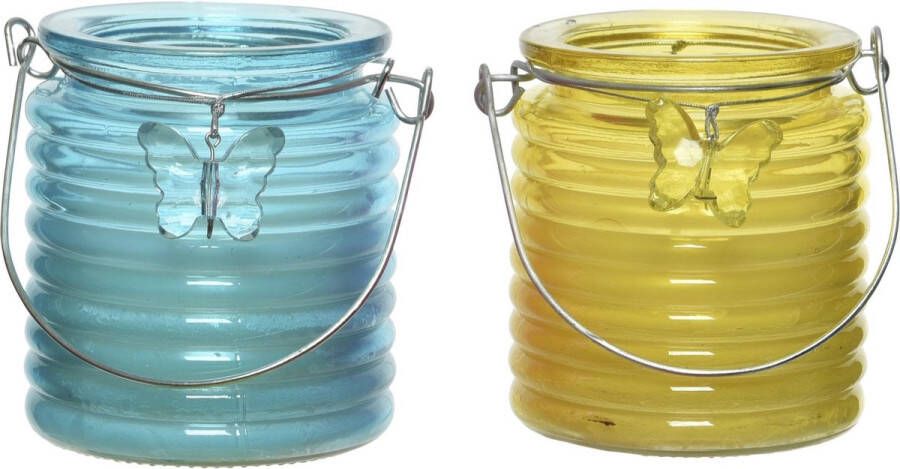 Decoris Set van 2x stuks citronella anti muggen kaarsen windlicht blauw en geel 20 branduren