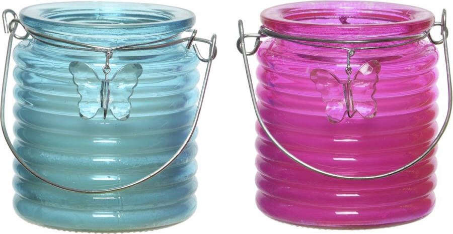 Decoris Set van 2x stuks citronella anti muggen kaarsen windlicht blauw en roze 20 branduren