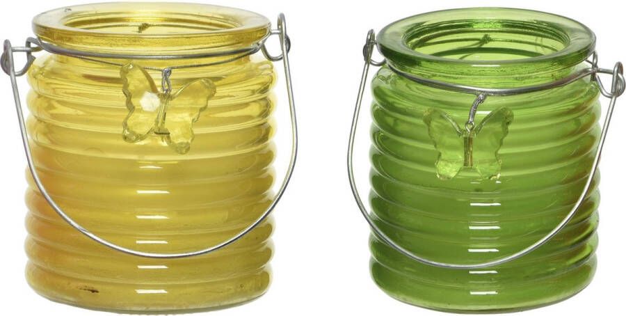 Decoris Set van 2x stuks citronella anti muggen kaarsen windlicht geel en groen 20 branduren