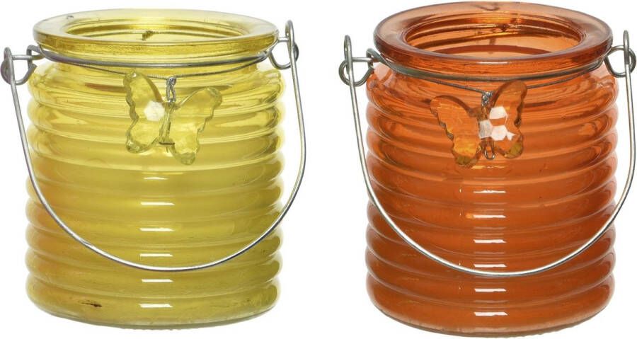 Decoris Set van 2x stuks citronella anti muggen kaarsen windlicht geel en oranje 20 branduren