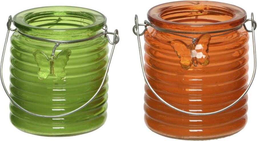 Decoris Set van 2x stuks citronella anti muggen kaarsen windlicht groen en oranje 20 branduren