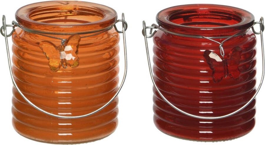 Decoris Set van 2x stuks citronella anti muggen kaarsen windlicht oranje en rood 20 branduren