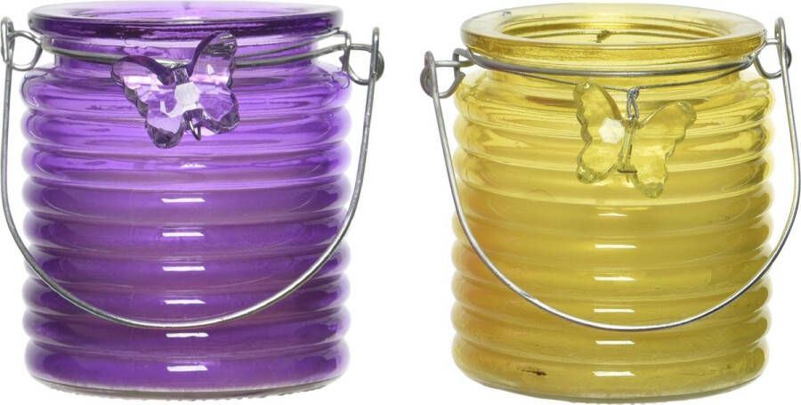 Decoris Set van 2x stuks citronella anti muggen kaarsen windlicht paars en geel 20 branduren
