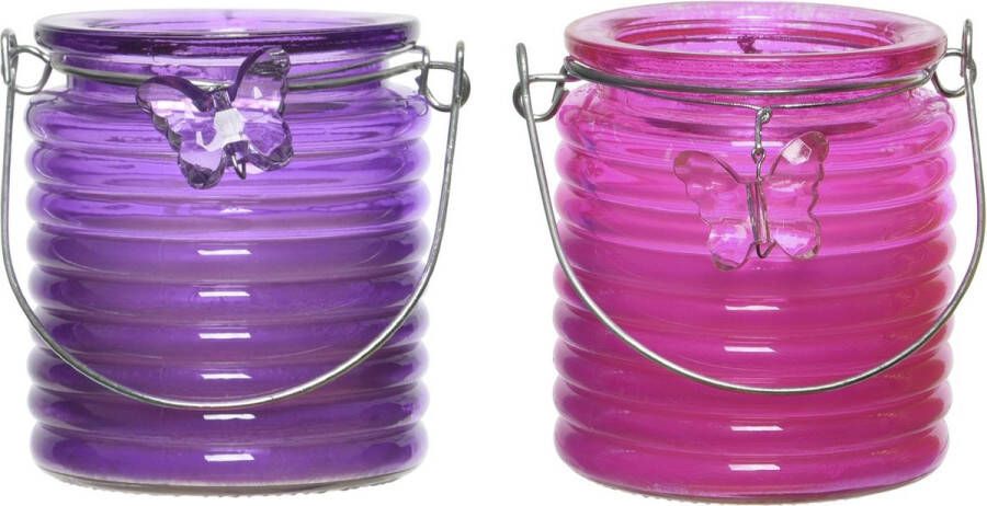 Decoris Set van 2x stuks citronella anti muggen kaarsen windlicht paars en roze 20 branduren