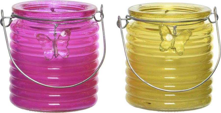 Decoris Set van 2x stuks citronella anti muggen kaarsen windlicht roze en geel 20 branduren