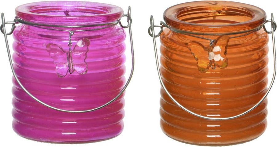 Decoris Set van 2x stuks citronella anti muggen kaarsen windlicht roze en oranje 20 branduren