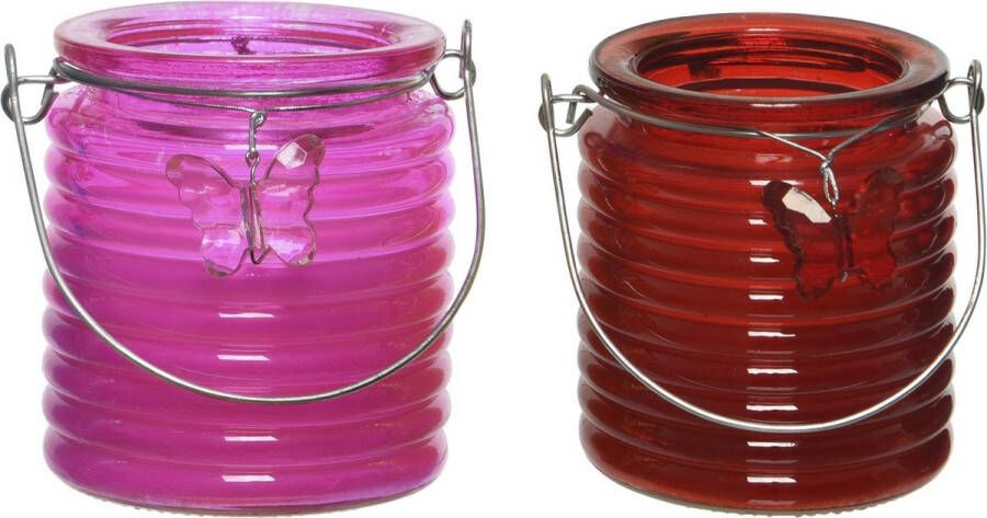 Decoris Set van 2x stuks citronella anti muggen kaarsen windlicht roze en rood 20 branduren