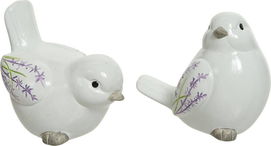 Decoris Set Van 2x Stuks Decoratie Dieren Beelden Vogels Wit Met Lavendel Bloemen 9 Cm Tuinbeelden