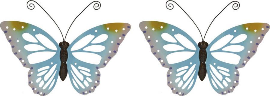 Decoris Set van 2x stuks grote lichtblauwe vlinders muurvlinders 51 x 38 cm Tuindecoratie vlinders Tuinvlinders muurvlinders