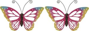 Decoris Set van 2x stuks grote roze vlinders muurvlinders 51 x 38 cm tuindecoratie vlinders Tuinvlinders muurvlinders