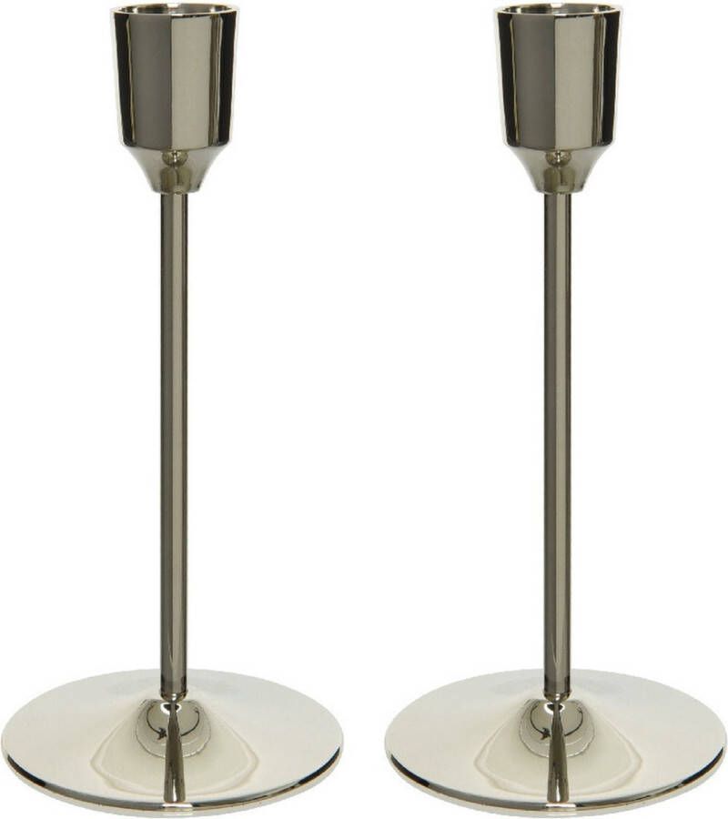 Decoris Set van 2x stuks luxe diner kaarsen staande kandelaar aluminium kleur zilver 15 cm Diameter onderkant 7 cm