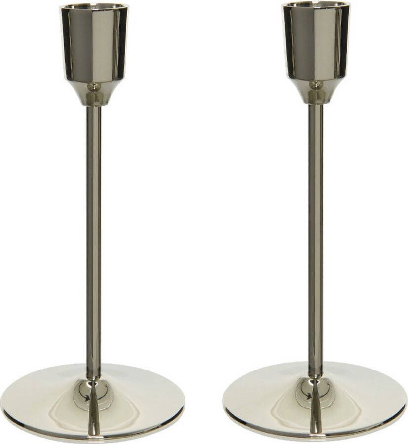 Decoris Set van 2x stuks luxe diner kaarsen staande kandelaar aluminium kleur zilver 20 cm Diameter onderkant 7 cm