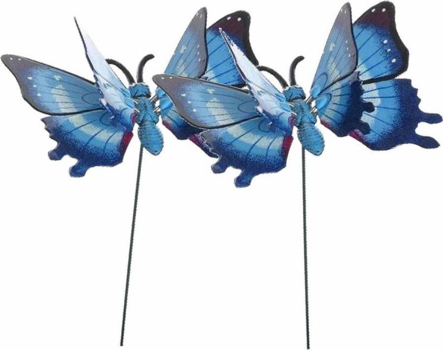 Merkloos Sans marque Set van 2x stuks metalen vlinder blauw 11 x 70 cm op steker Tuindecoratie vlinders Dierenbeelden