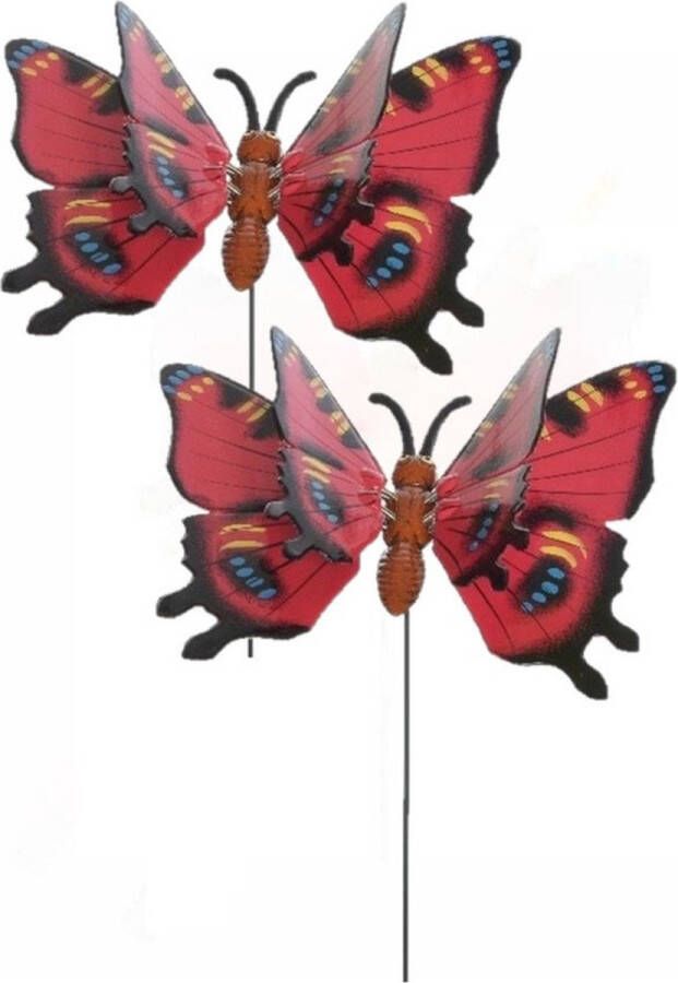 Merkloos Sans marque Set van 2x stuks metalen vlinder rood 11 x 70 cm op steker Tuindecoratie vlinders Dierenbeelden
