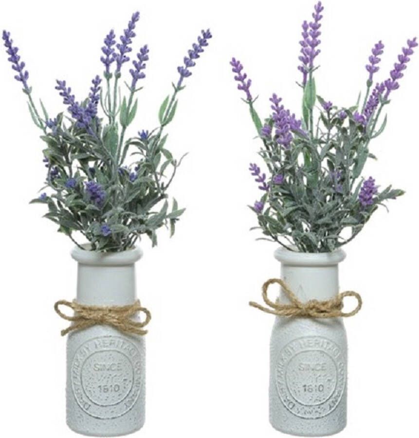 Decoris Set van 2x stuks paarse Lavendula lavendel kunstplantjes 32 cm in witte pot Kunstplanten