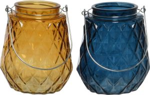 Decoris Set van 2x stuks theelichthouders waxinelichthouders ruitjes glas cognac oranje en donkerblauw met metalen handvat 11 x 13 cm