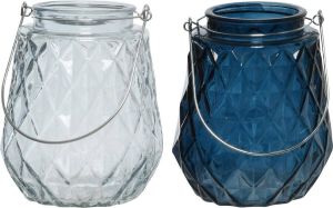 Decoris Set van 2x stuks theelichthouders waxinelichthouders ruitjes glas ijsblauw en donkerblauw met metalen handvat 11 x 13 cm