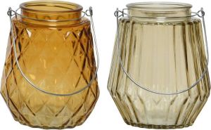 Decoris Set van 2x stuks theelichthouders waxinelichthouders ruit streep glas cognac oranje en taupe met metalen handvat 11 x 13 cm
