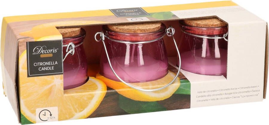 Decoris Set van 3x stuks anti muggen Citronella kaars in paars glazen potje Geurkaarsen citrus geur Anti-muggen kaarsen