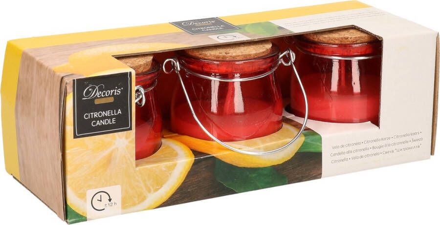 Decoris Set van 3x stuks anti muggen Citronella kaars in rood glazen potje Geurkaarsen citrus geur Anti-muggen kaarsen