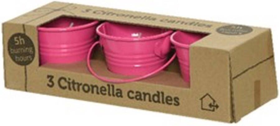 Decoris Set van 3x stuks anti muggen Citronella kaarsjes in roze zinken potje Geurkaarsen citrus geur Anti-muggen kaarsen
