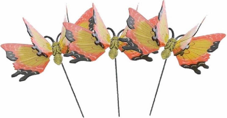 Merkloos Sans marque Set van 3x stuks metalen vlinder geel oranje 11 x 70 cm op steker Tuindecoratie vlinders Dierenbeelden
