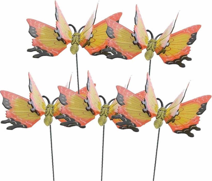Merkloos Sans marque Set van 5x stuks metalen vlinder geel oranje 11 x 70 cm op steker Tuindecoratie vlinders Dierenbeelden
