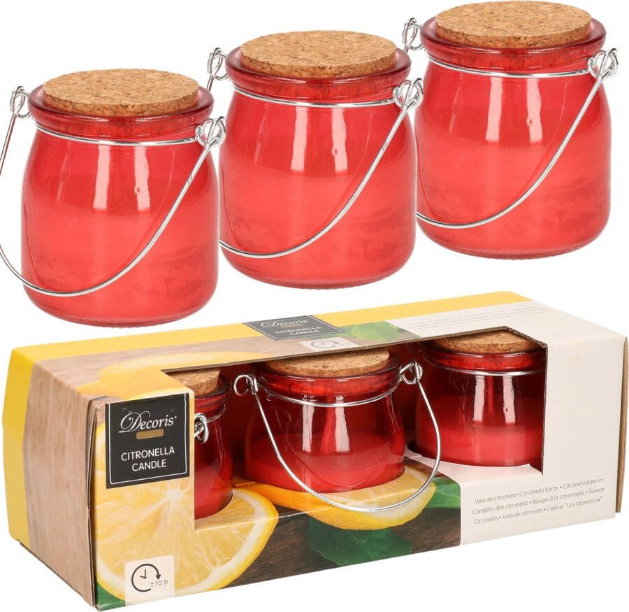 Decoris Set van 6x stuks anti muggen Citronella kaars in rood glazen potje Geurkaarsen citrus geur Anti-muggen kaarsen