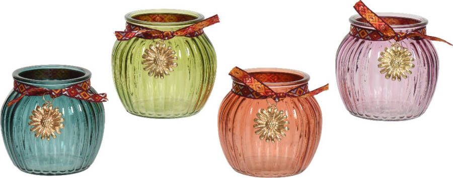 Decoris Theelichthouder glas ribbel met lint en metalen bloemetje dia11-H10cm verkrijgbaar in verschillende kleuren