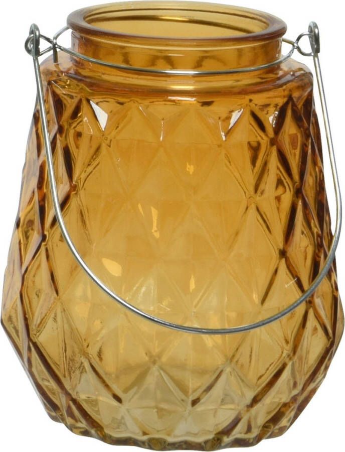 Decoris Theelichthouders waxinelichthouders ruitjes glas cognac oranje met metalen handvat 11 x 13 cm Windlichtjes kaarsenhouders
