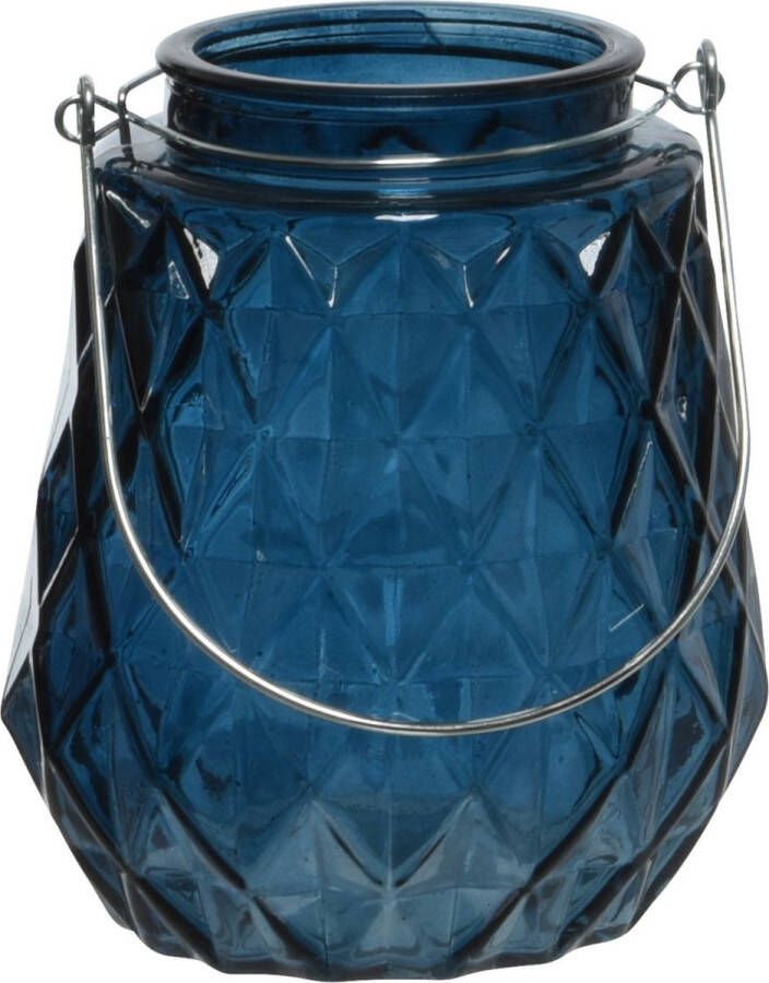Decoris Theelichthouders waxinelichthouders ruitjes glas donkerblauw met metalen handvat 11 x 13 cm Windlichtjes kaarsenhouders