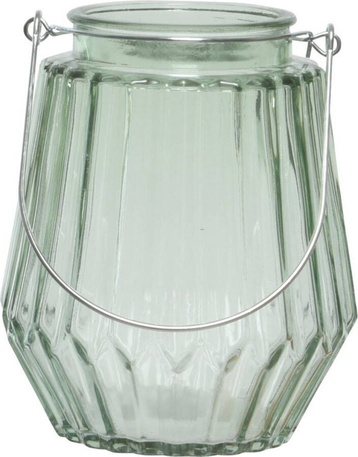 Decoris Theelichthouders waxinelichthouders streepjes glas mistgroen met metalen handvat 11 x 13 cm Windlichtjes kaarsenhouders