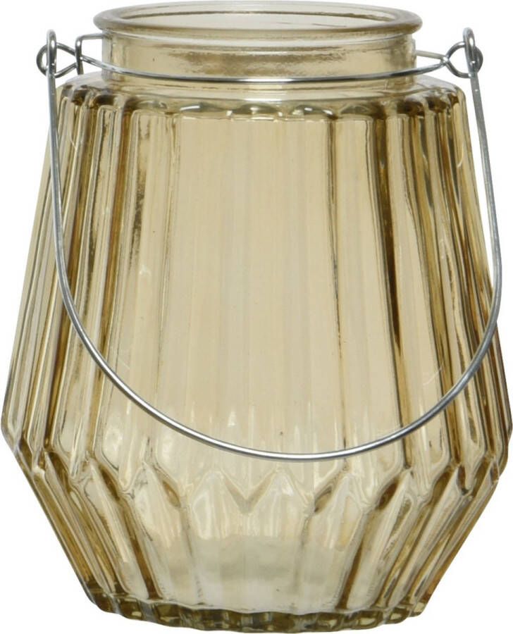 Decoris Theelichthouders waxinelichthouders streepjes glas taupe met metalen handvat 11 x 13 cm Windlichtjes kaarsenhouders