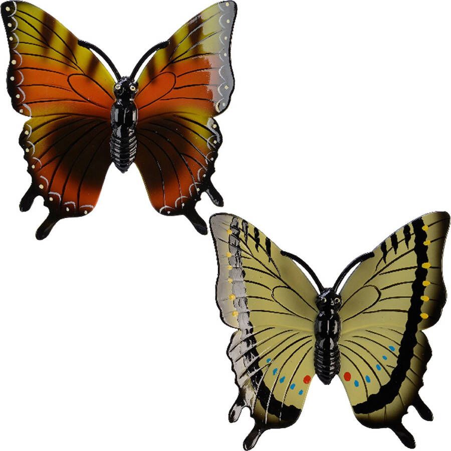 Decoris Tuindecoratie vlinders set 2x kunststof geel oranje 24 cm