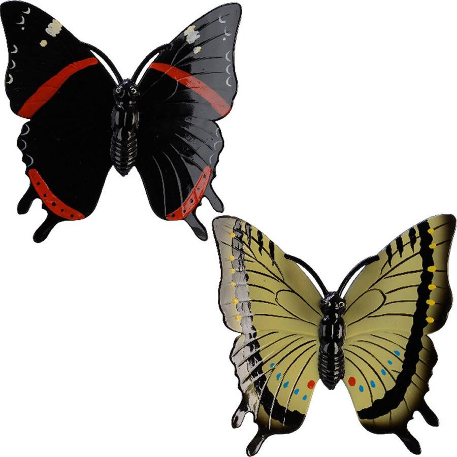 Decoris Tuindecoratie vlinders set 2x kunststof geel zwart 24 cm