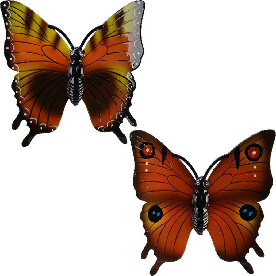 Decoris Tuindecoratie vlinders set 2x kunststof oranje 24 cm