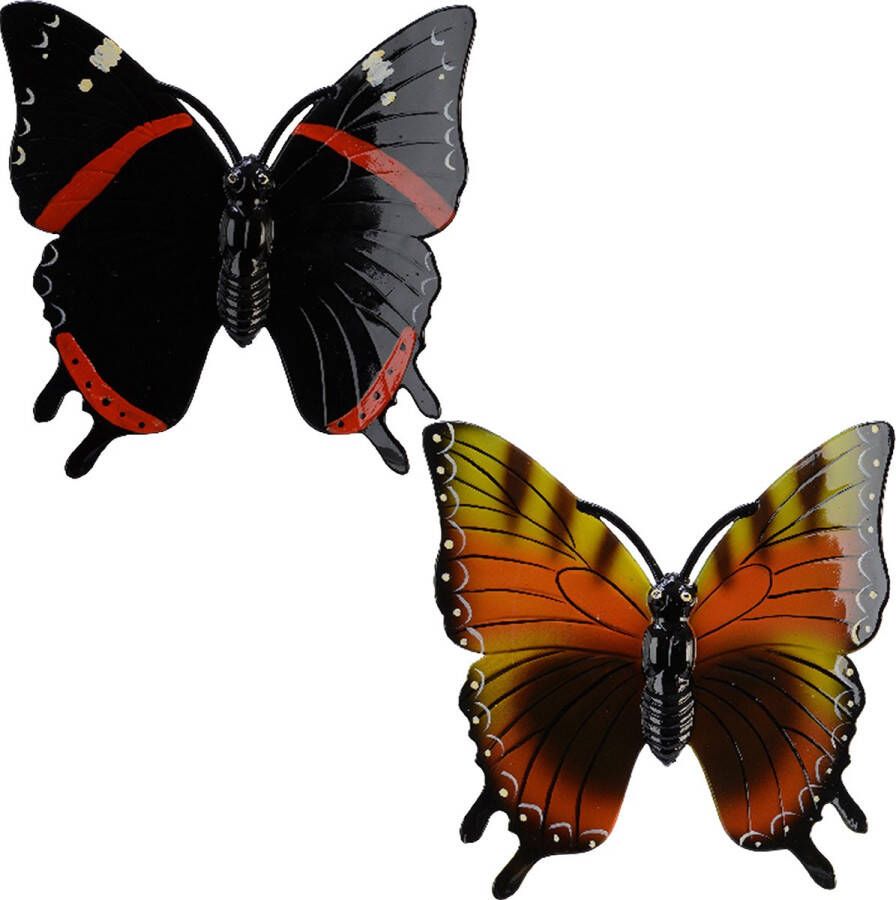Decoris Tuindecoratie vlinders set 2x kunststof oranje zwart 24 cm