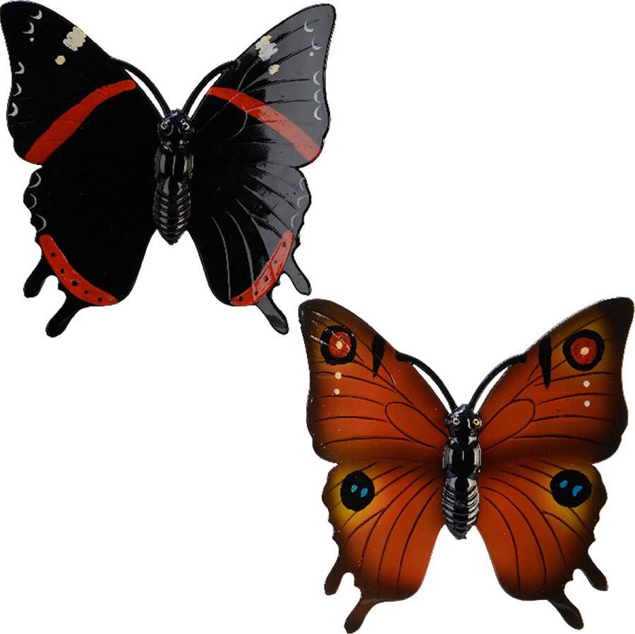 Decoris Tuindecoratie vlinders set 2x kunststof oranje zwart 24 cm