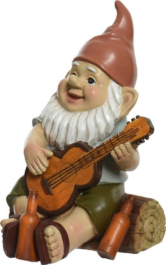 Decoris tuinkabouter met gitaar en bier kunststeen H17 cm