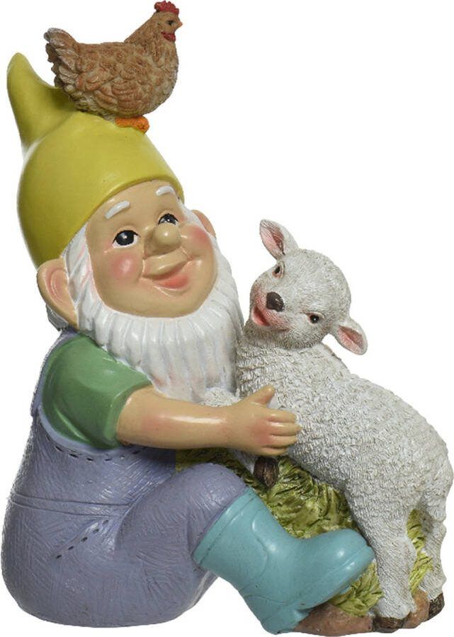 Decoris Tuinkabouter met lammetje en kip kunststeen H24 cm