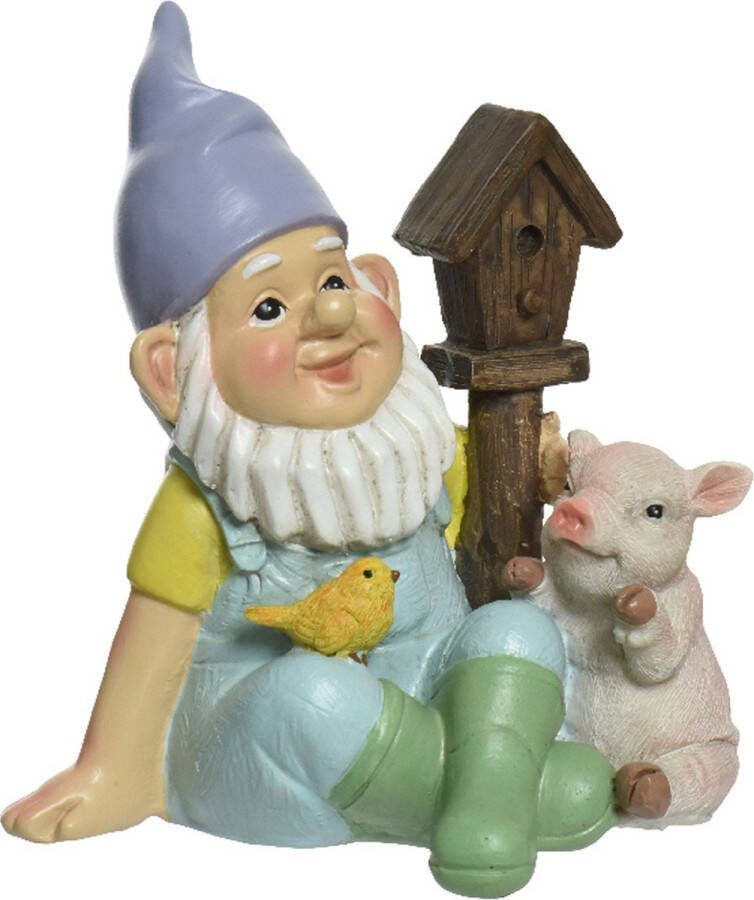 Decoris Tuinkabouter met varken en vogelhuisje kunststeen H16 cm