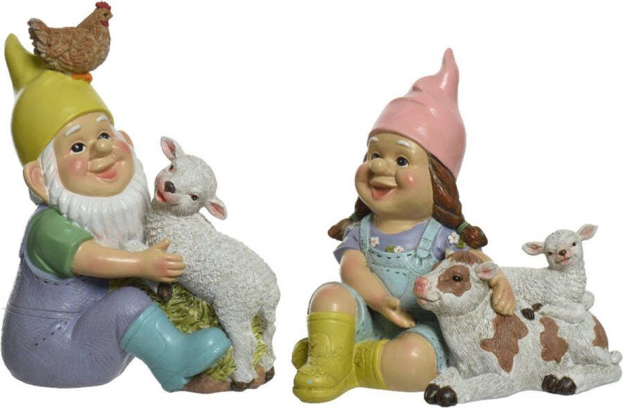 Decoris Tuinkabouter set 2x boerderij dieren kunststeen H24 cm