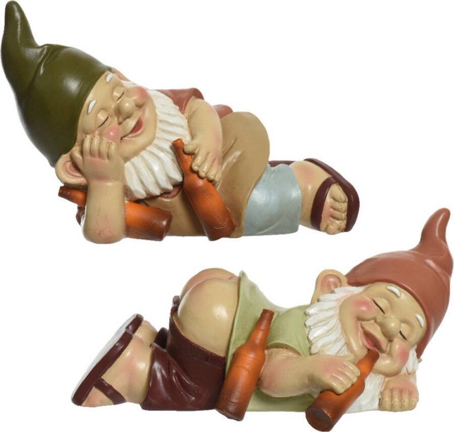 Decoris Tuinkabouter set 2x dronken kunststeen H11 cm
