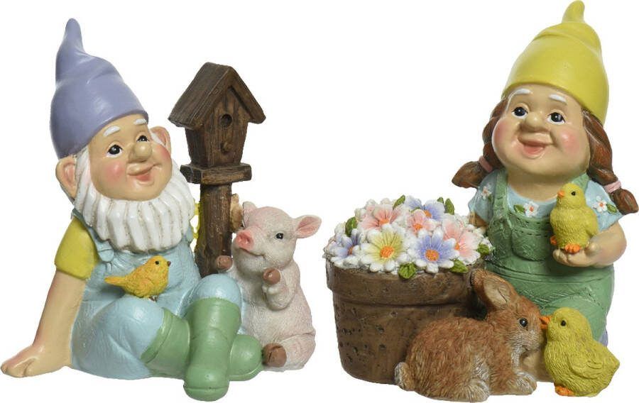 Decoris Tuinkabouter set 2x met dieren kunststeen H16 cm
