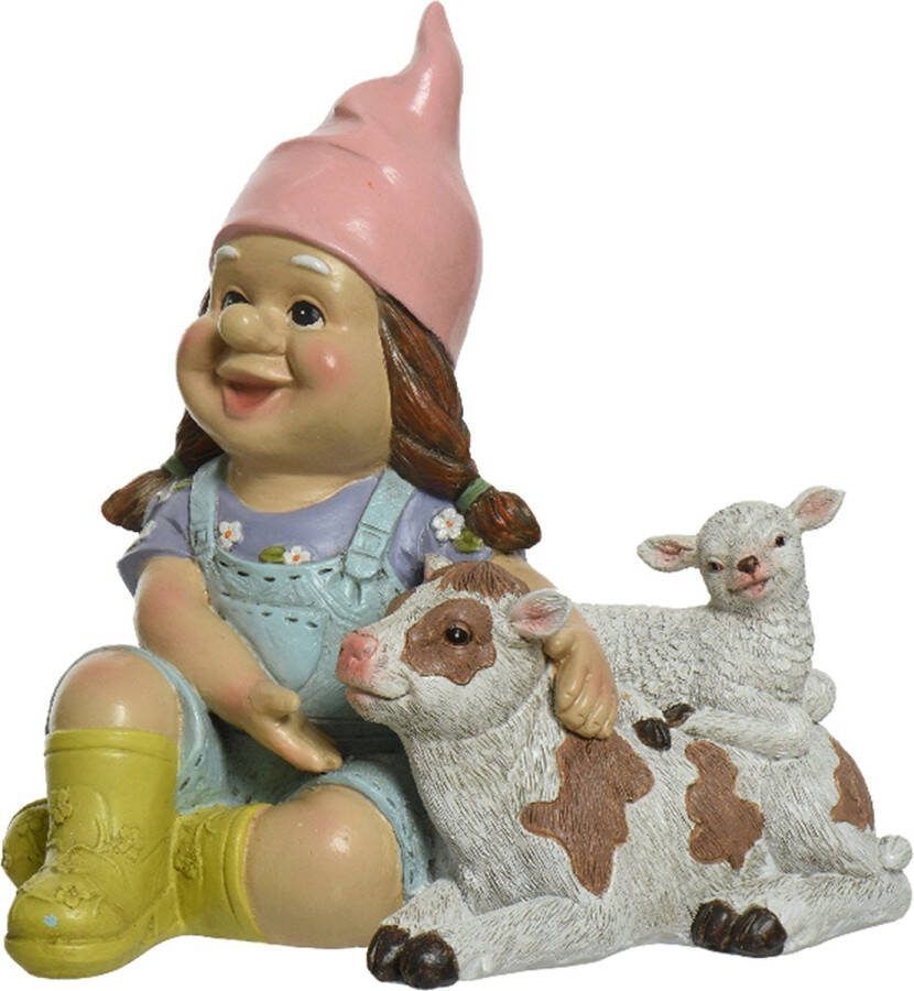 Decoris Tuinkabouter vrouw met kalf en lammetje kunststeen H24 cm