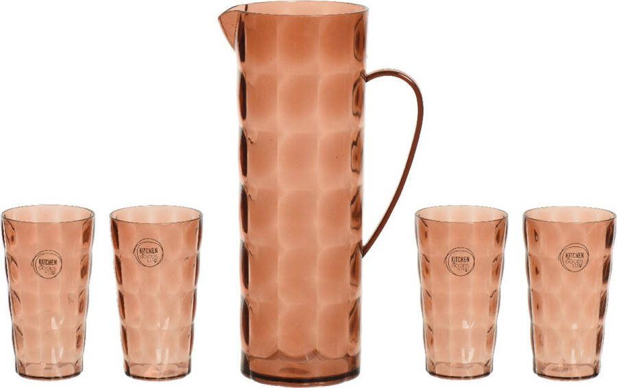 Decoris Waterkan karaf set incl. 4 bekers 1 7L kunststof terra bruin Schenkkannen